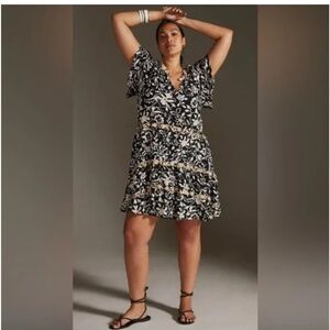 Anthropologie Robin Tiered Floral Peasant Dress Black White Large bohemian